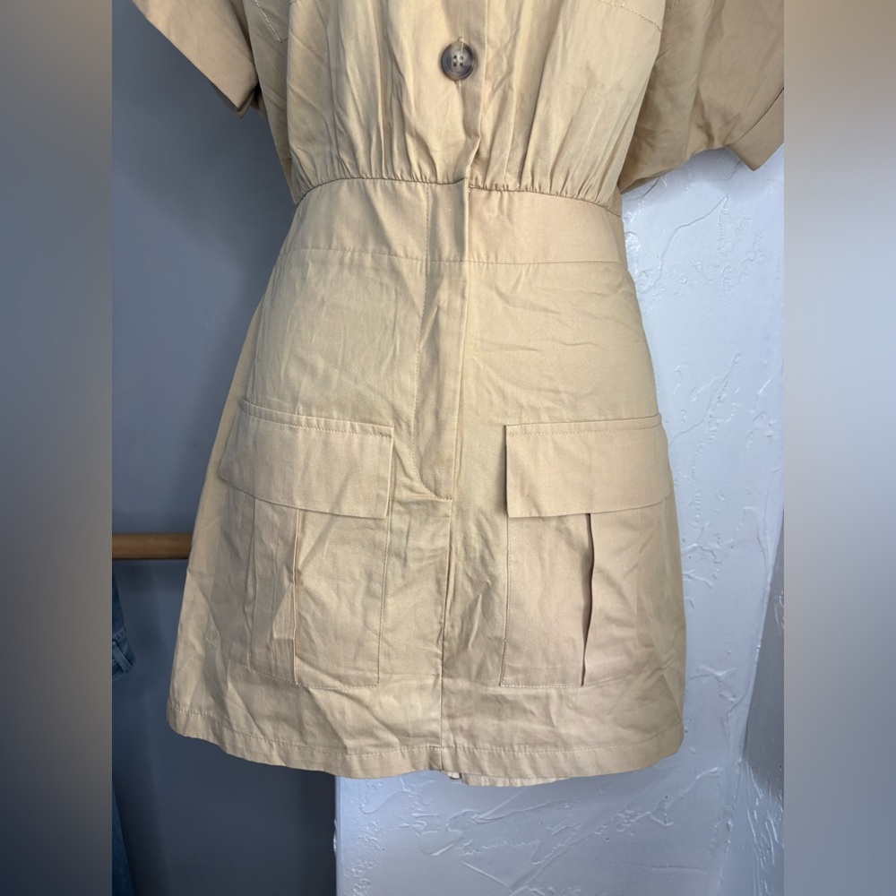 ZARA POPLIN CARGO JUMPSUIT TAN sz S Beige khaki Short Utility - Picture 6 of 12